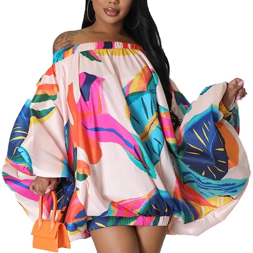 Womens Off The Shoulder Mini Dress Floral Print Bubble Short Dress (Size: Large)